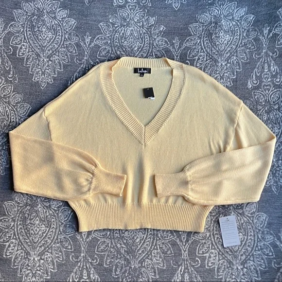 Lulus Just a Moment Light Yellow V-Neck Cropped Sweater Large - Picture 3 of 8